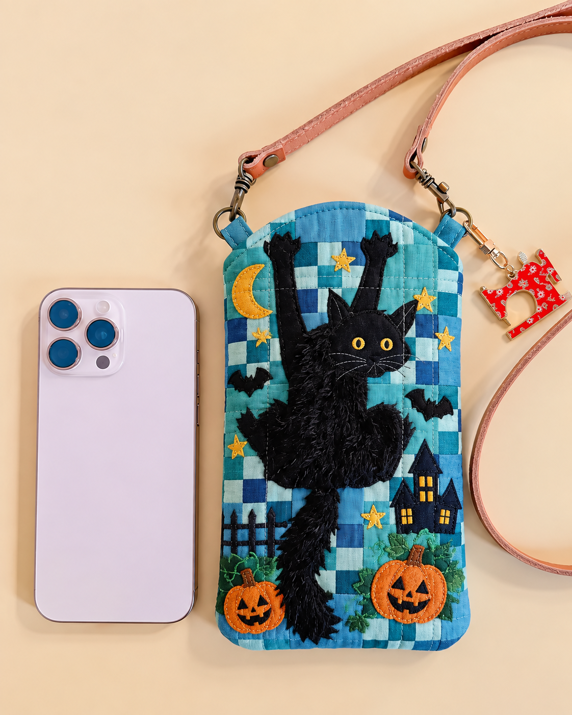 Blue Patchwork Black Cat Quilted Slim Phone Crossbody Bag