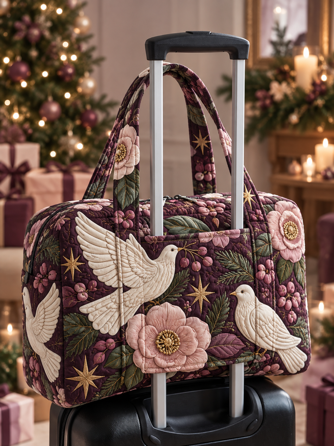 White Dove Floral Elegance Quilted Weekender Bag With Trolley Sleeve