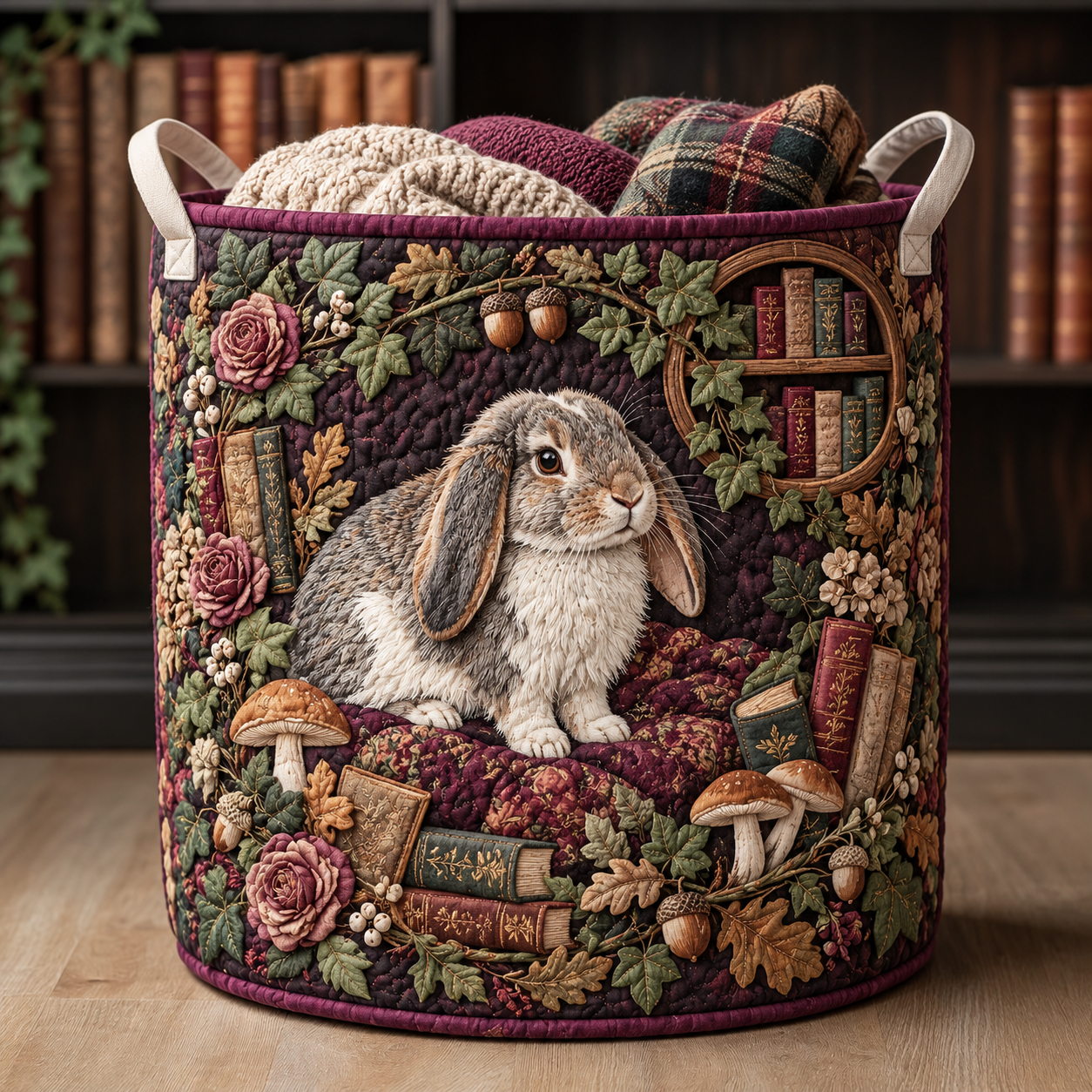 Bunny Rose Garden Library Quilted Laundry Basket