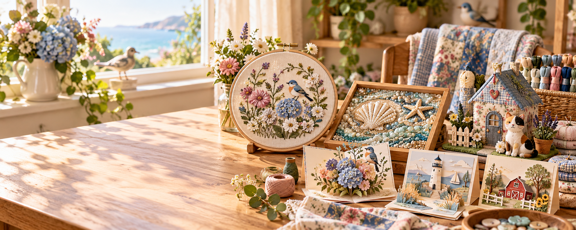 A sunlit collection of embroidery, bead art, patchwork and card-making projects