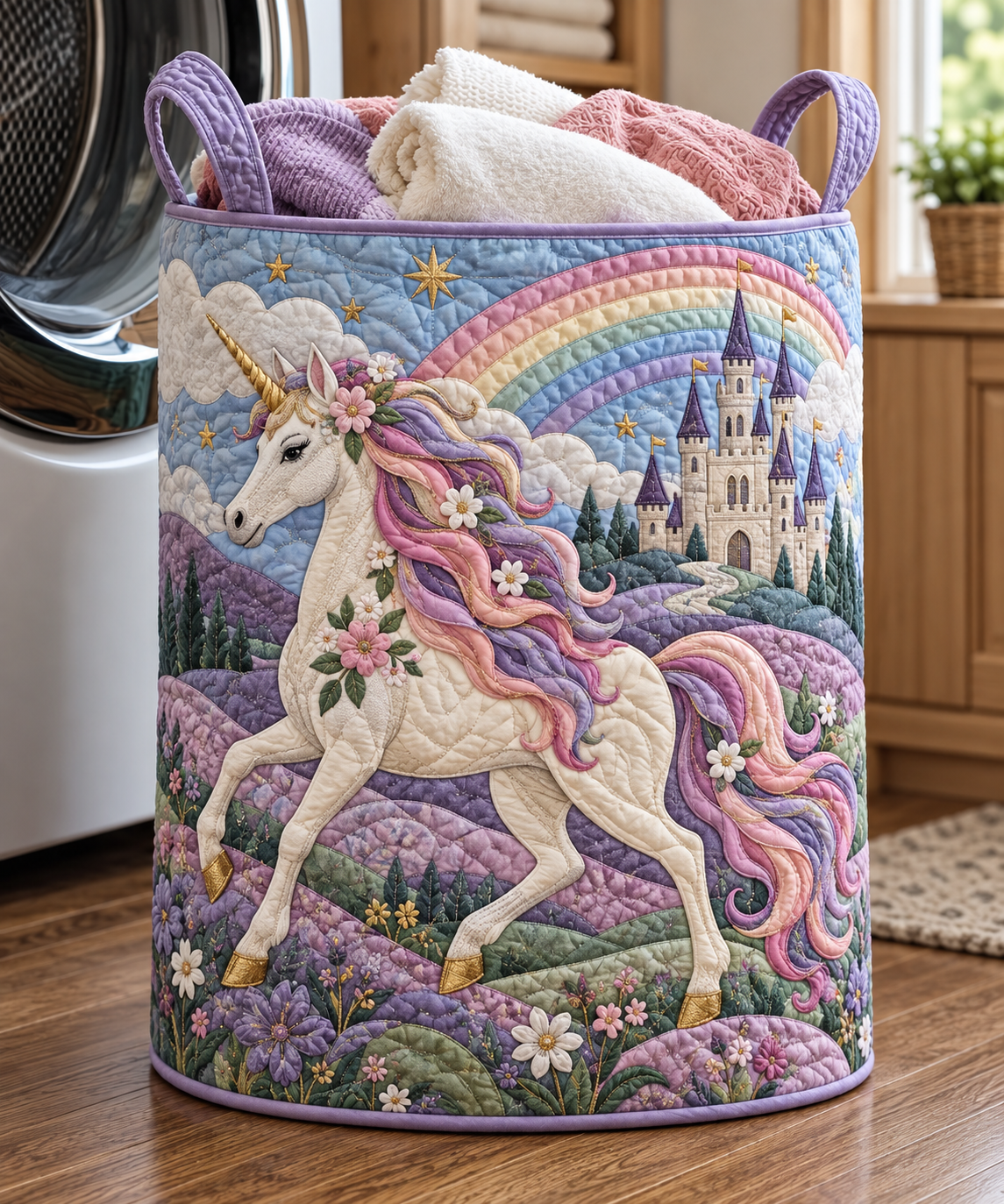 Rainbow Castle Unicorn Quilted Laundry Basket