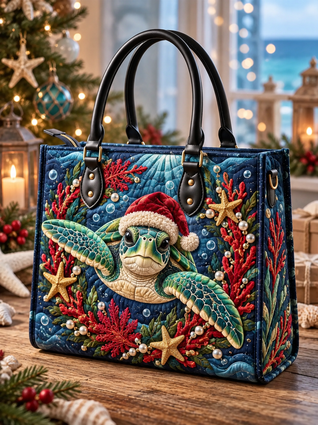 Santa Sea Turtle Christmas Quilted Leather Strap Bible Handbag