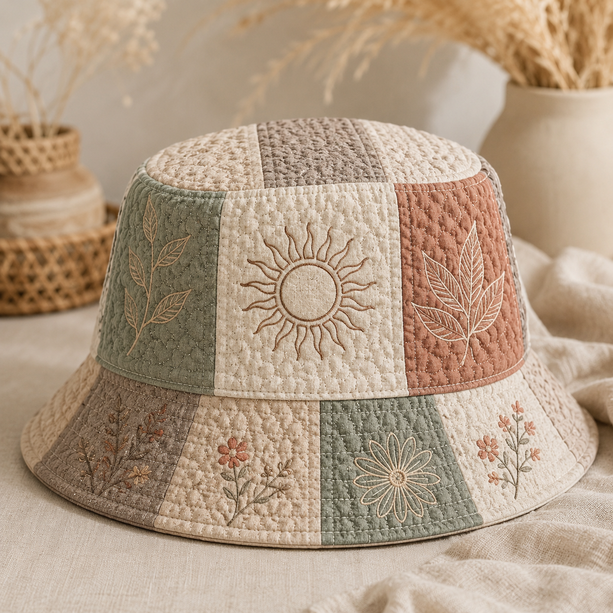 Pastel Sun & Botanical Patchwork Quilted Fishing Hat