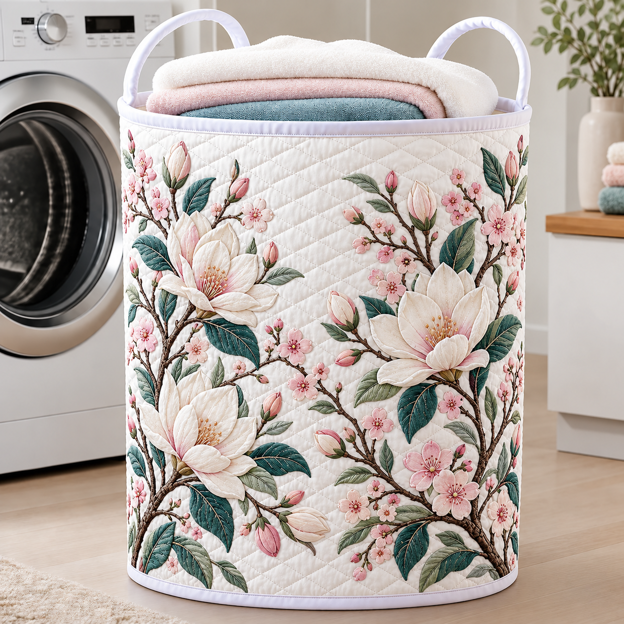 Magnolia Blossom Garden Quilted Laundry Basket
