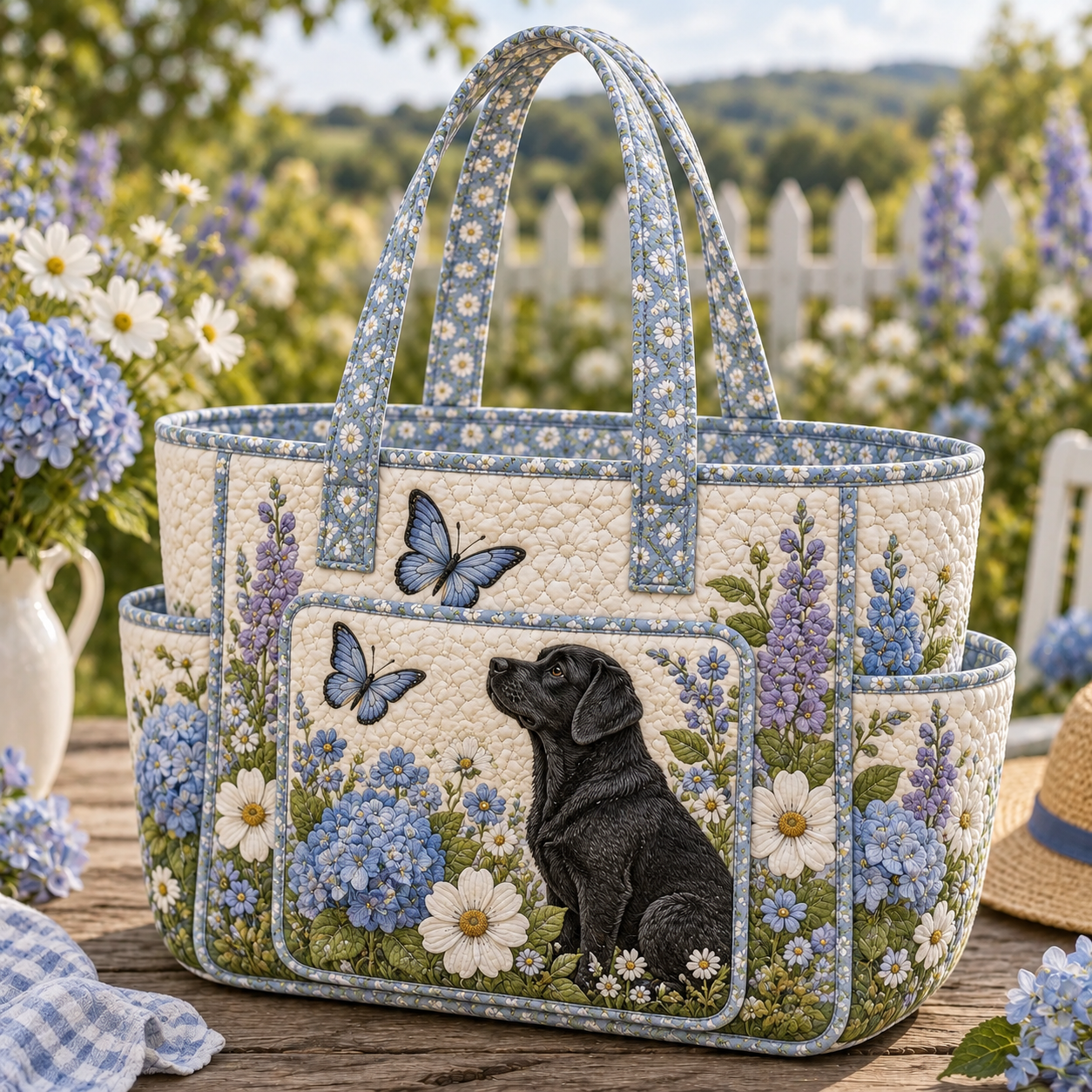 Lavender Butterfly Black Lab Multiple Pockets Quilted Tote Bag