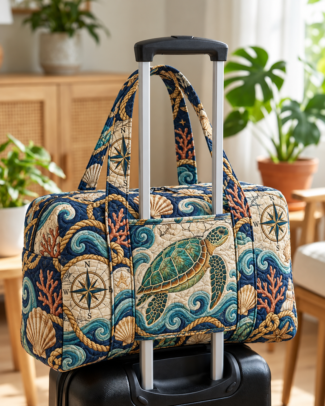 Coastal Compass Sea Turtle Quilted Weekender Bag With Trolley Sleeve