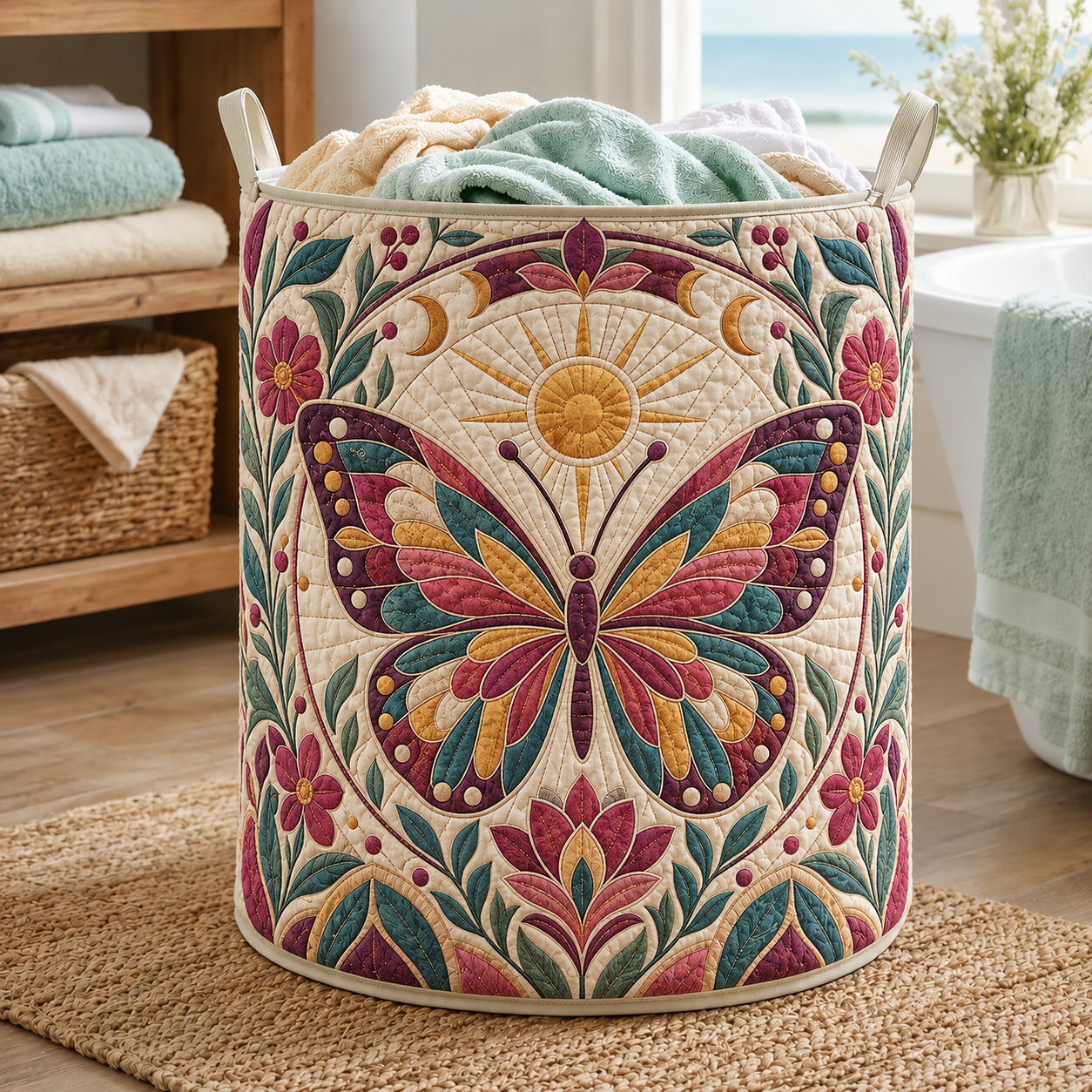 Boho Sunburst Butterfly Quilted Laundry Basket