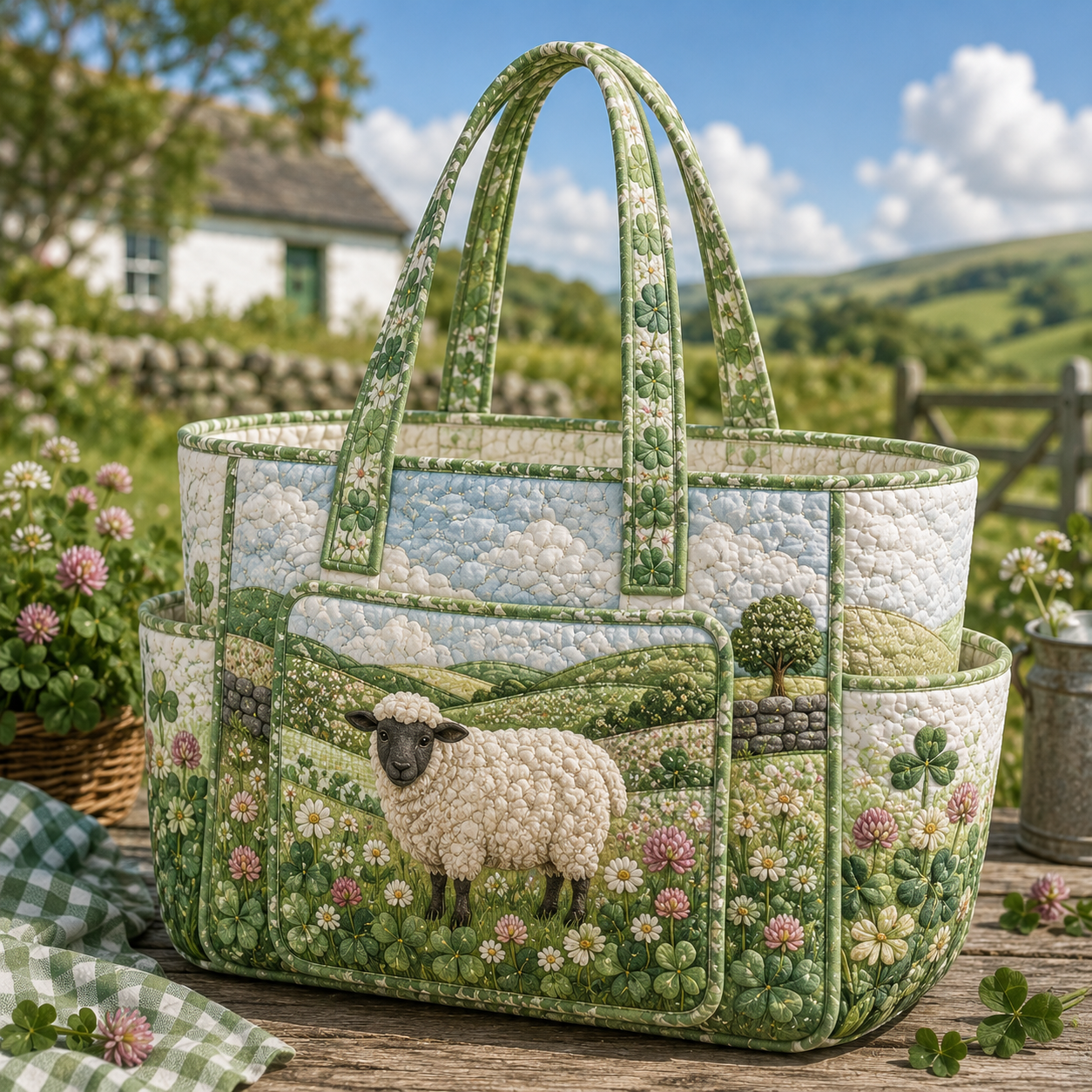 Sheep Clover Meadow Multiple Pockets Quilted Tote Bag