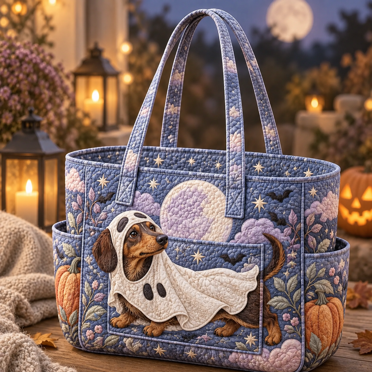 Ghost Puppy Moonlight Halloween Multiple Pockets Quilted Tote Bag