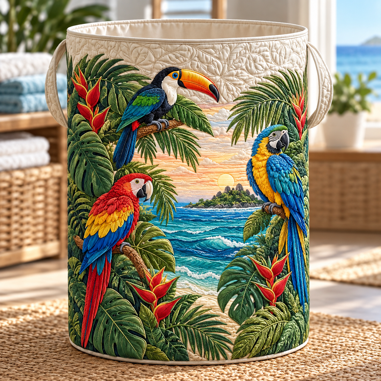 Tropical Parrot Paradise Quilted Laundry Basket
