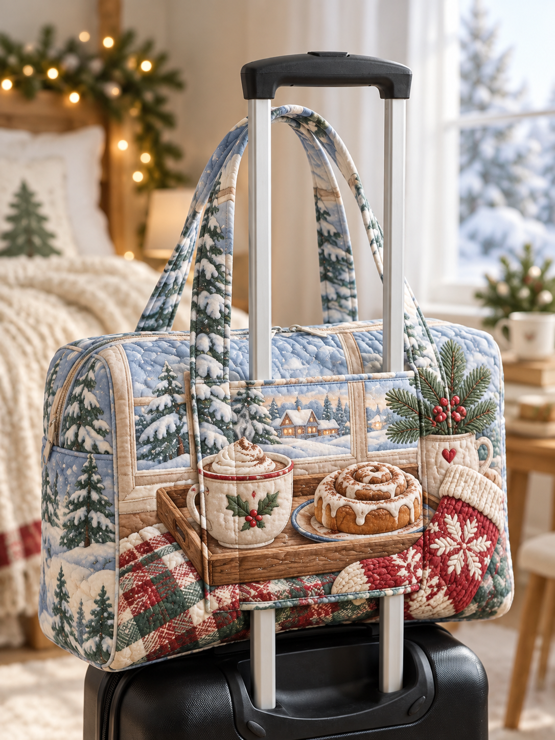 Snowy Cabin Cocoa Scene Quilted Weekender Bag With Trolley Sleeve