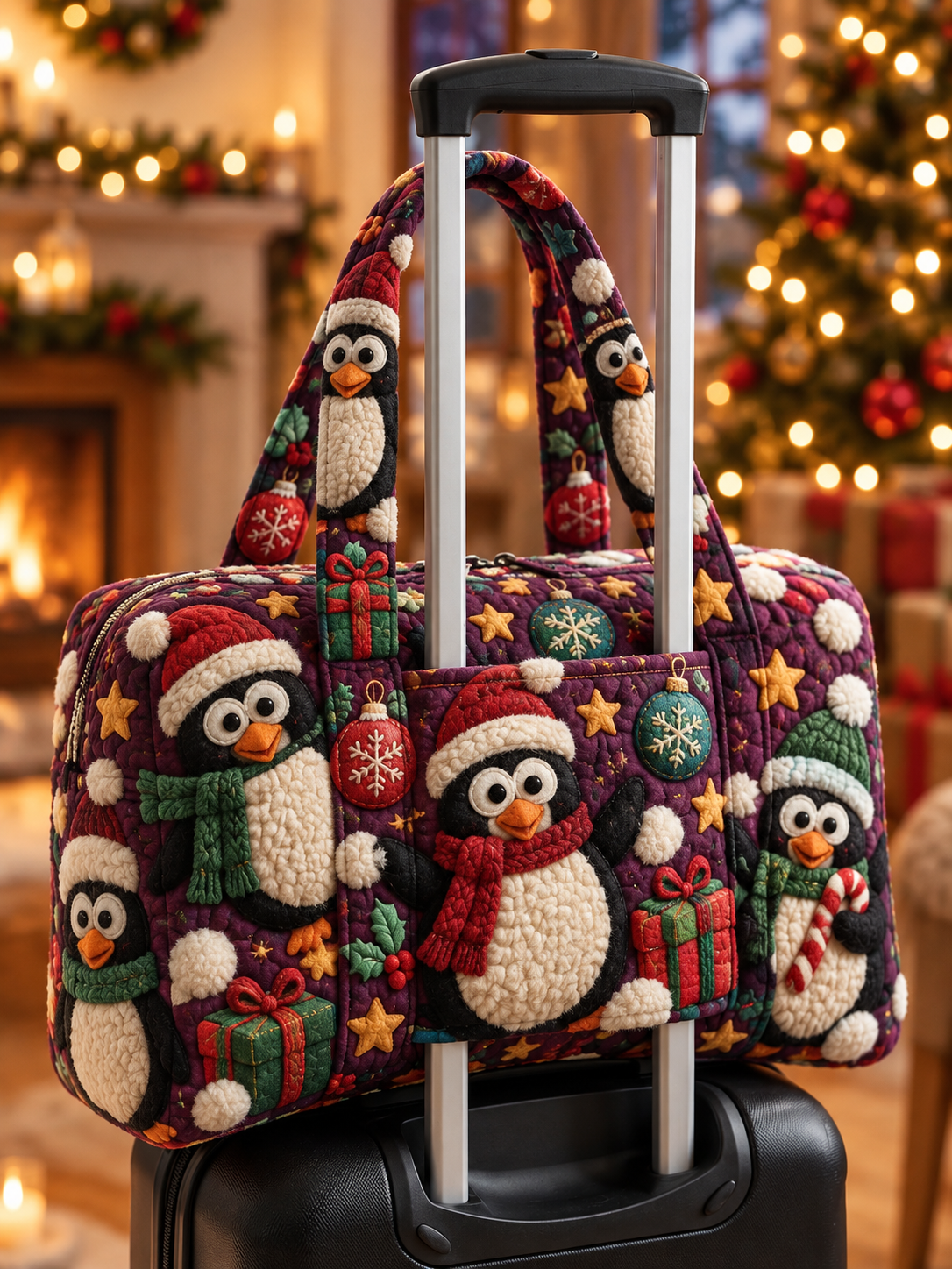 Cozy Penguin Winter Quilted Weekender Bag With Trolley Sleeve