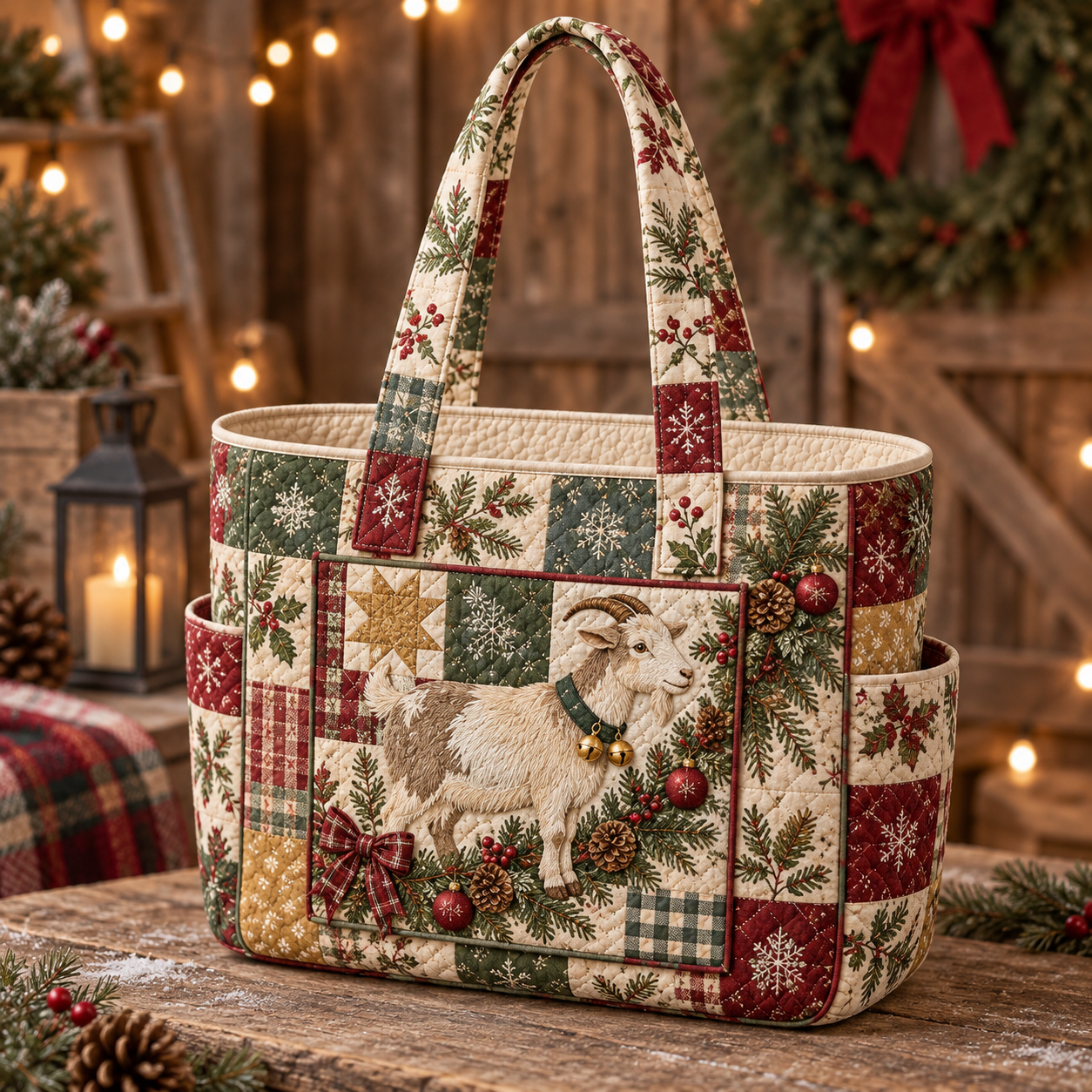 Christmas Sheep Patchwork Multiple Pockets Quilted Tote Bag
