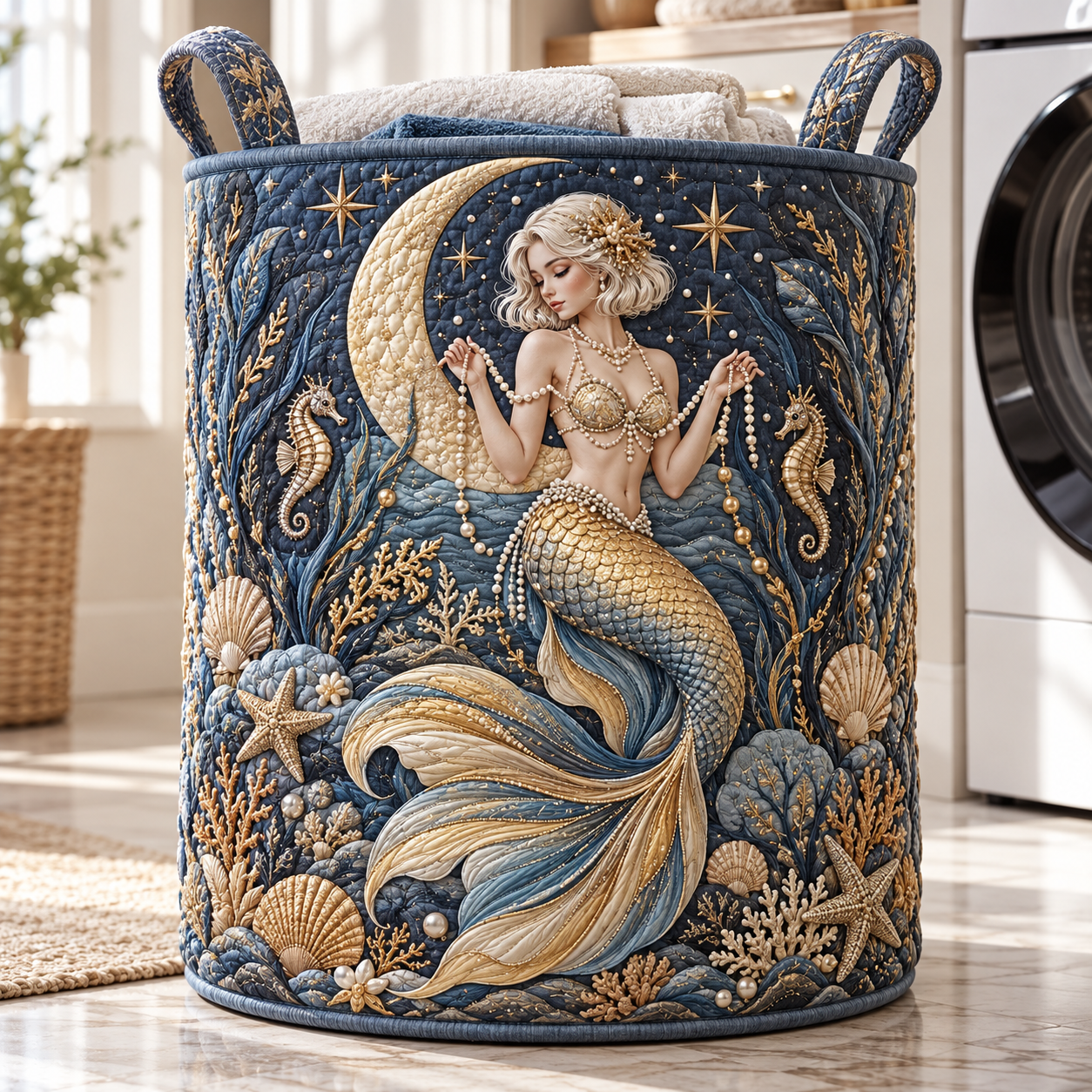 Celestial Mermaid Moonlight Ocean Quilted Laundry Basket