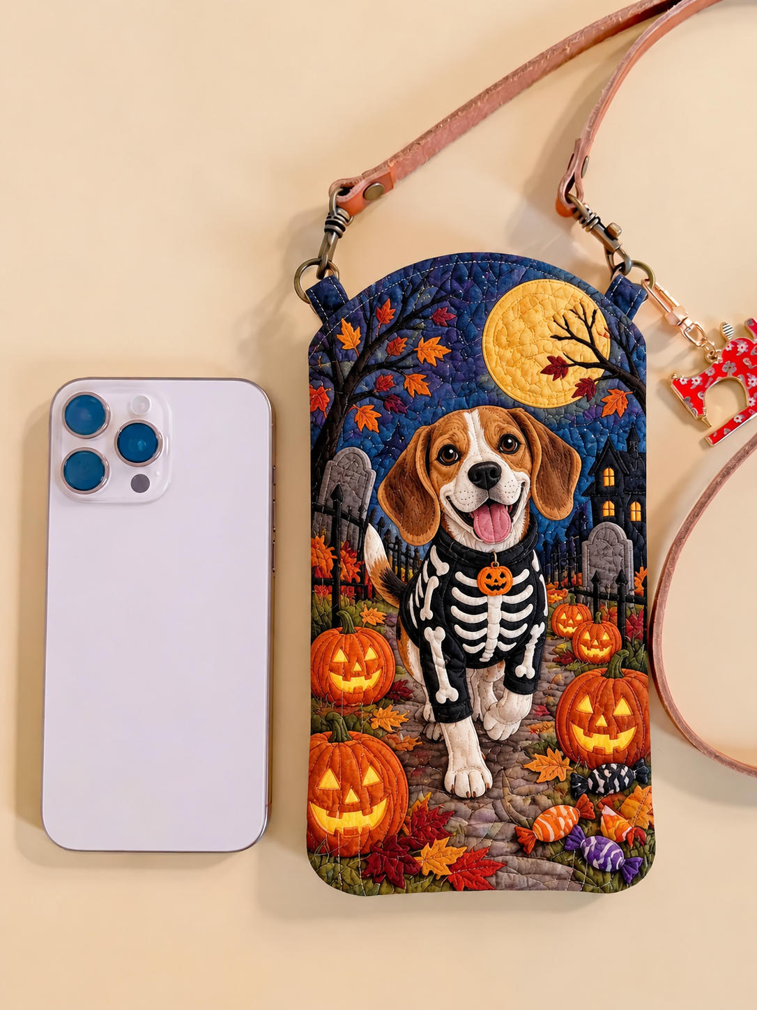 Skeleton Beagle Halloween Quilted Slim Phone Crossbody Bag