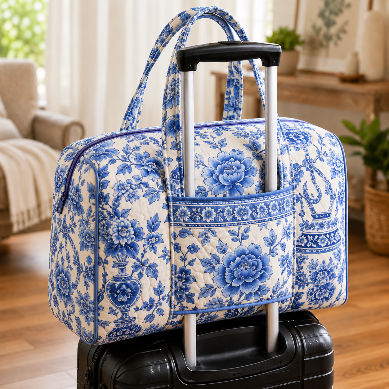Blue Porcelain Peony Quilted Weekender Bag With Trolley Sleeve