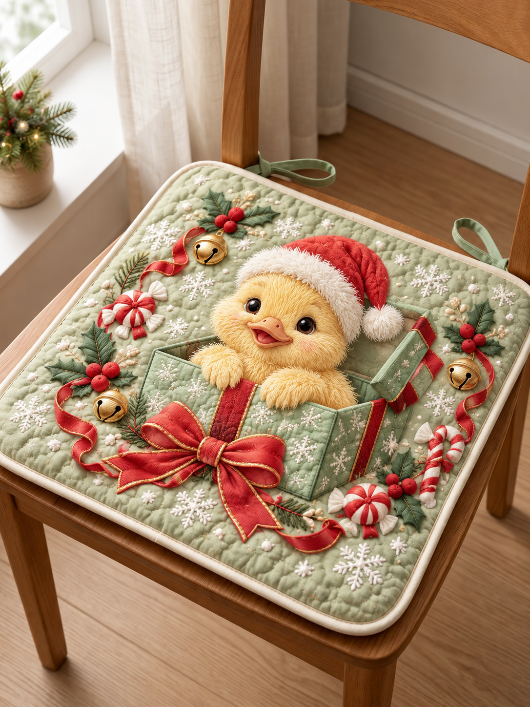 Santa Hat Duckling Quilted Chair Cushion