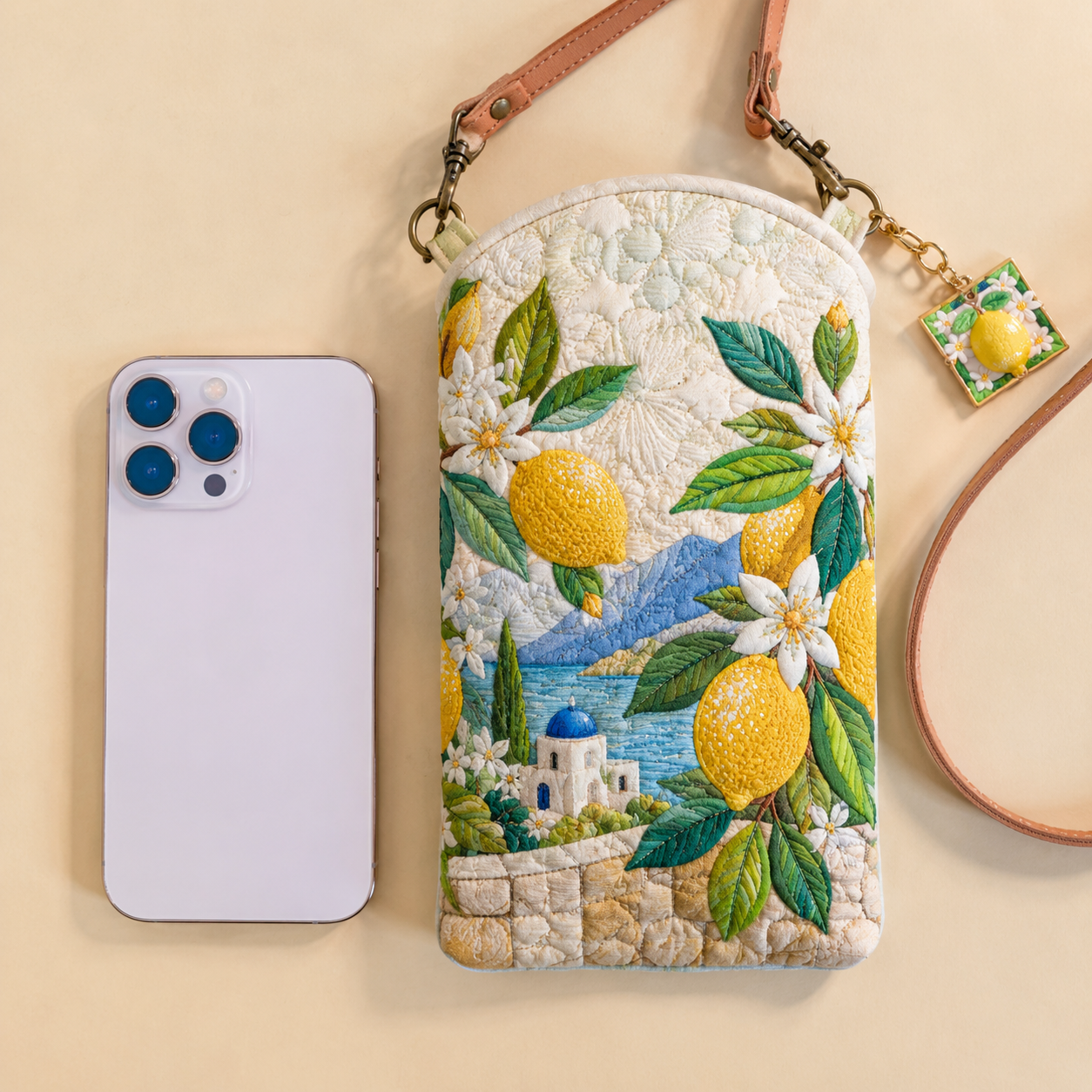 Mediterranean Lemon Blossom Quilted Slim Phone Crossbody Bag