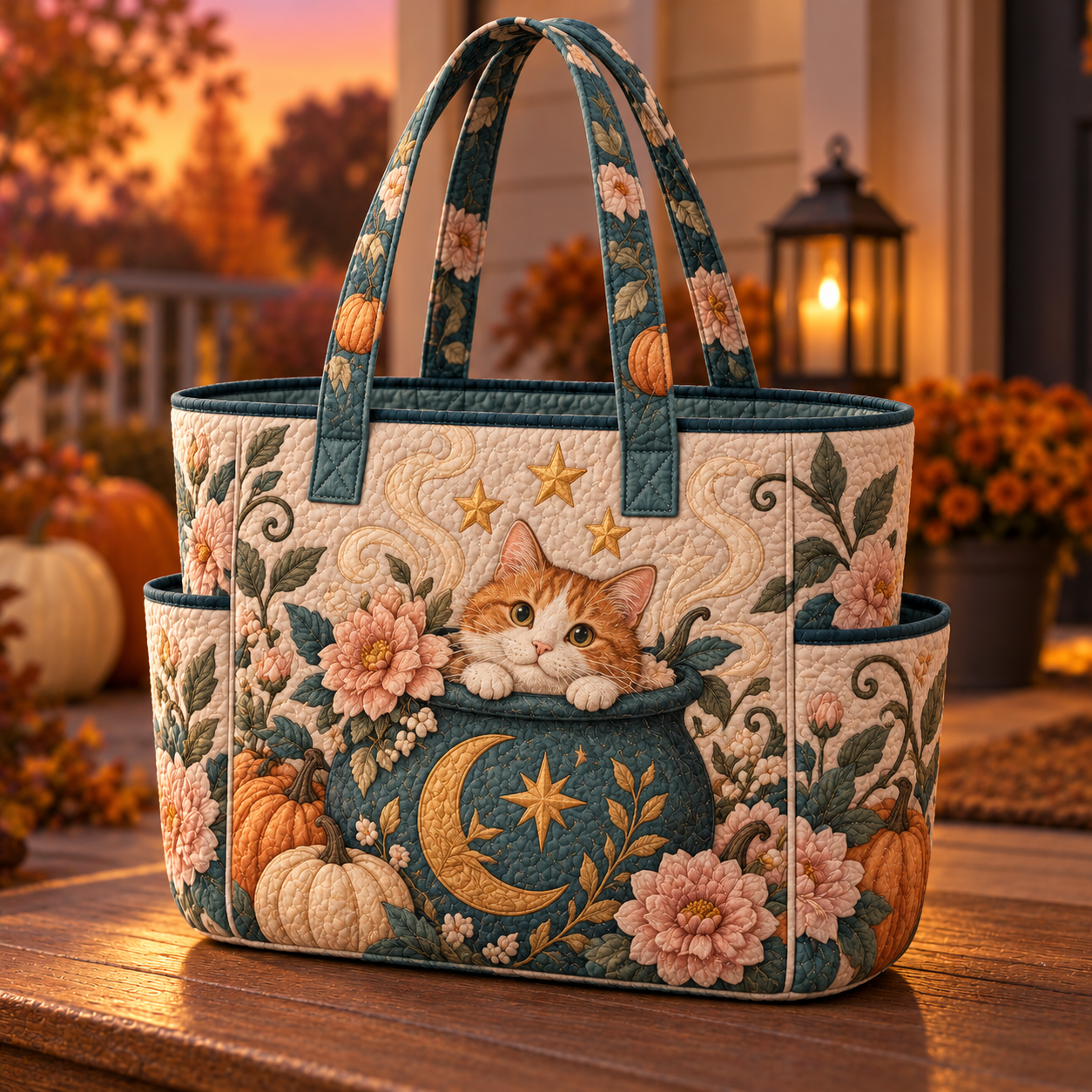 Cat Multiple Pockets Quilted Tote Bag