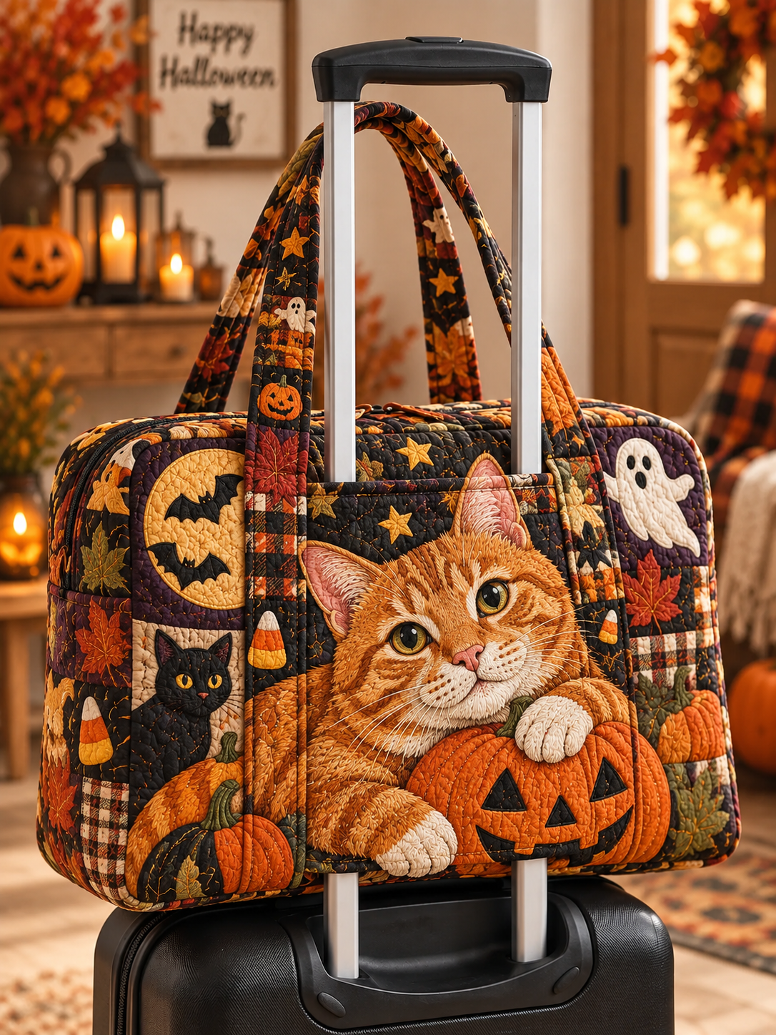 Orange Tabby Halloween Pumpkin Quilted Weekender Bag With Trolley Sleeve