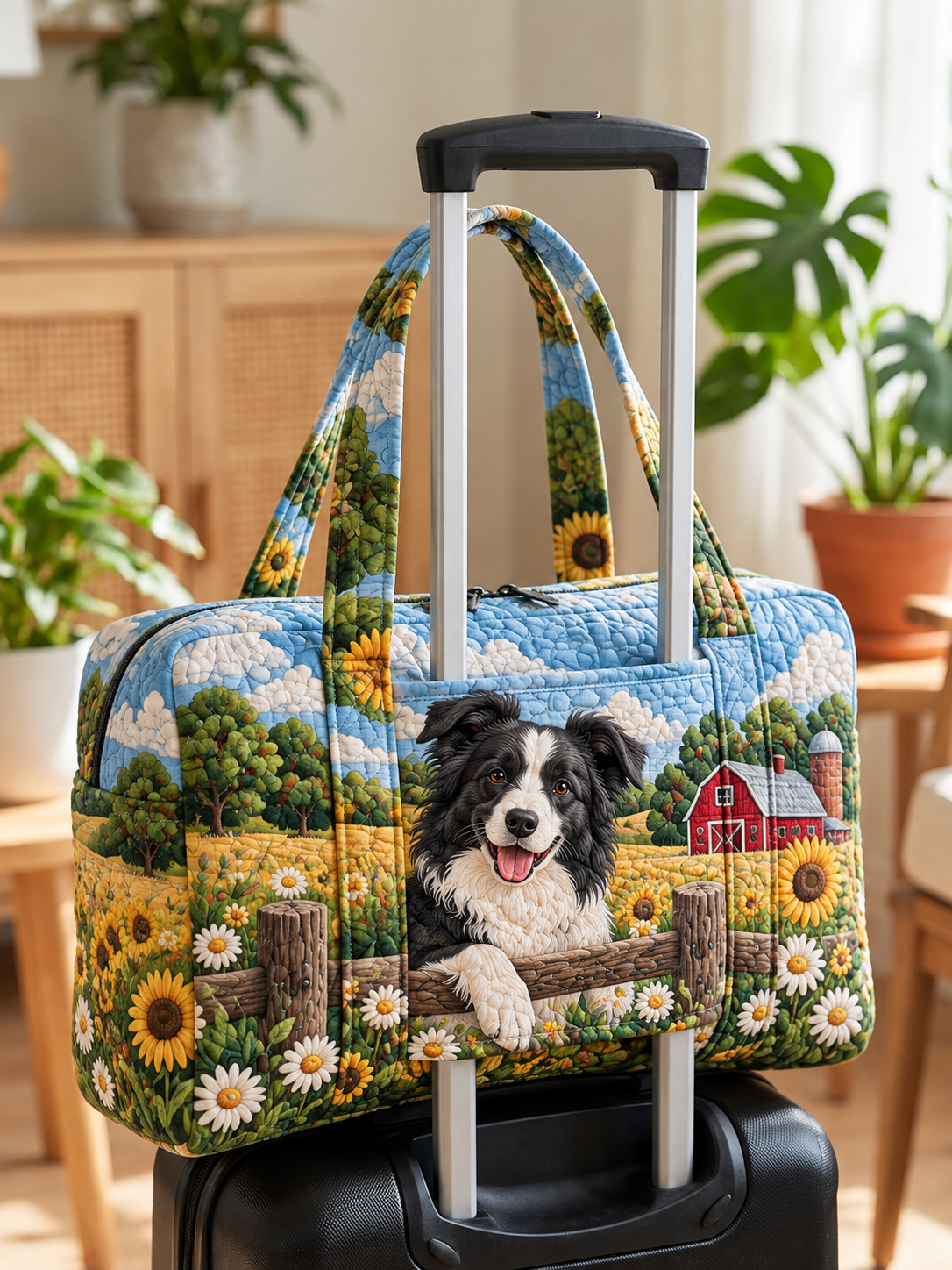 Border Collie Sunflower Farm Quilted Weekender Bag With Trolley Sleeve