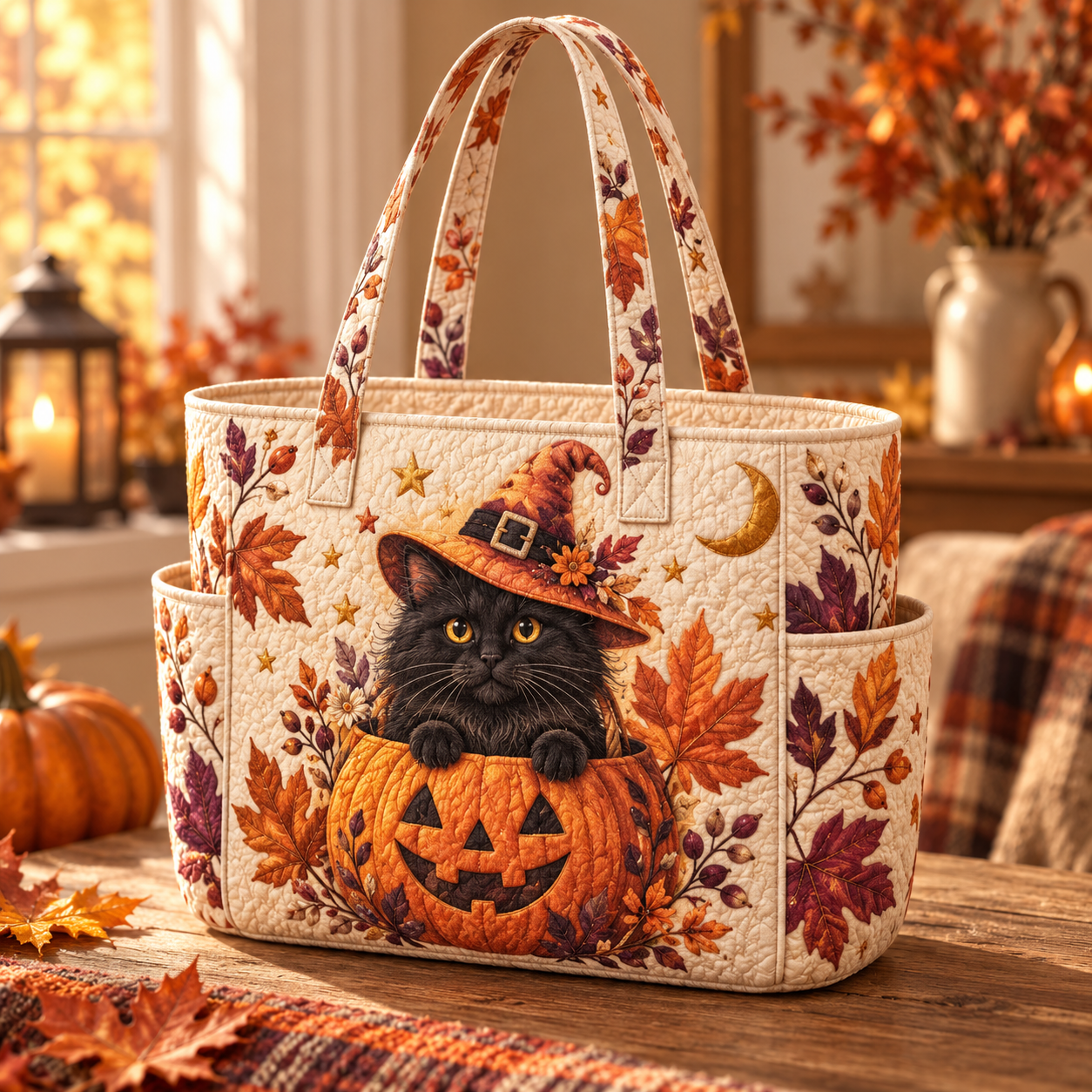 Black Cat Multiple Pockets Quilted Tote Bag