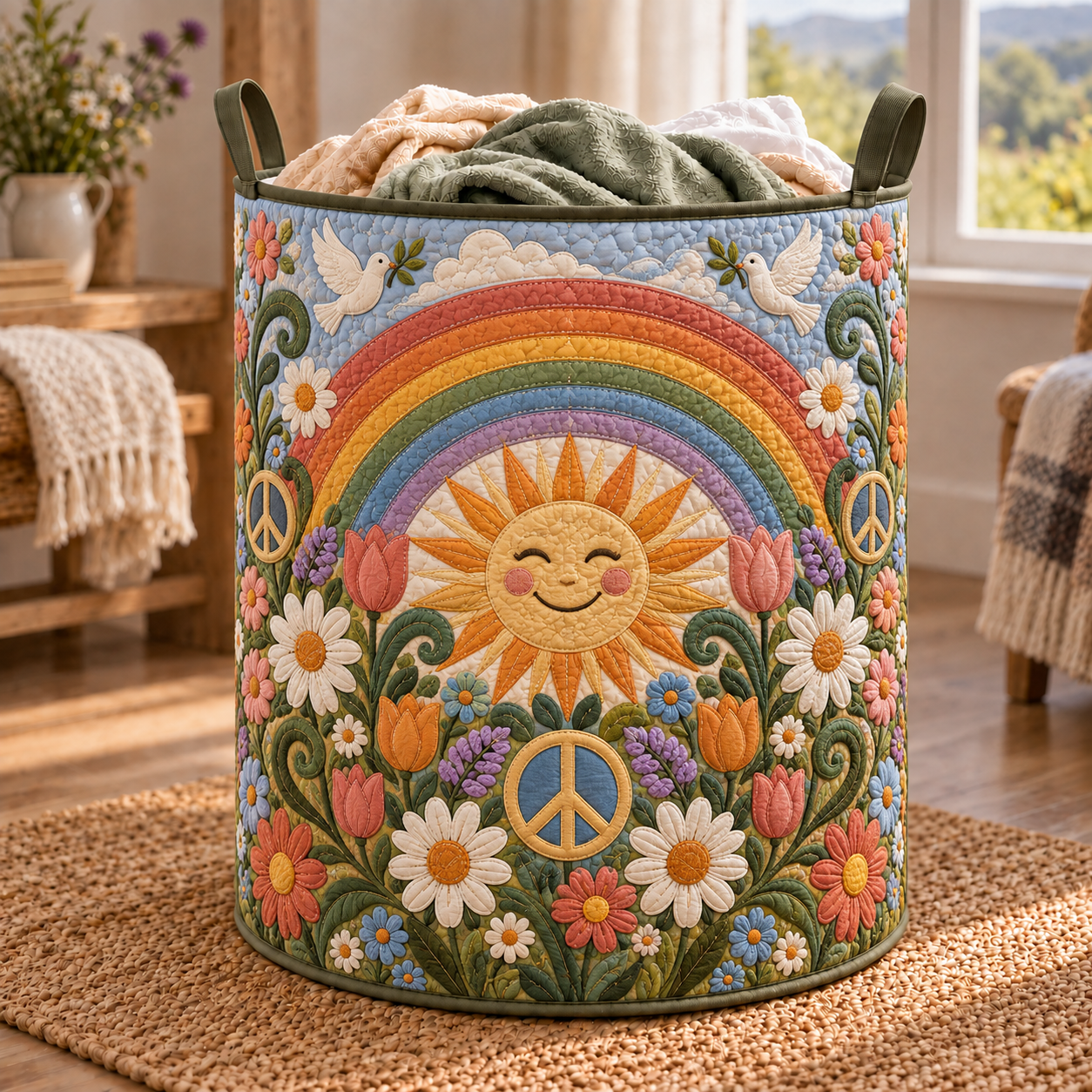 Rainbow Peace Flower Power Quilted Laundry Basket