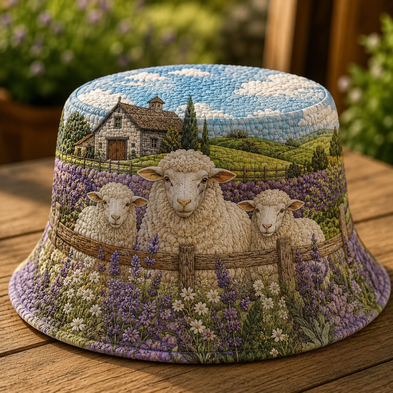 Lavender Field Sheep Family Quilted Fishing Hat