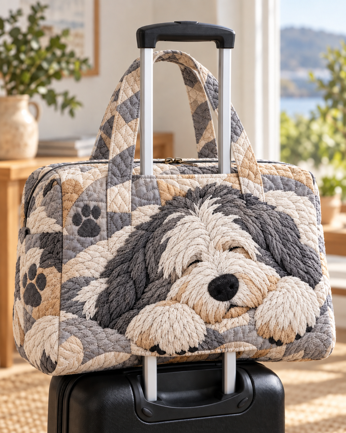 Fluffy Sheepdog Portrait Quilted Weekender Bag With Trolley Sleeve