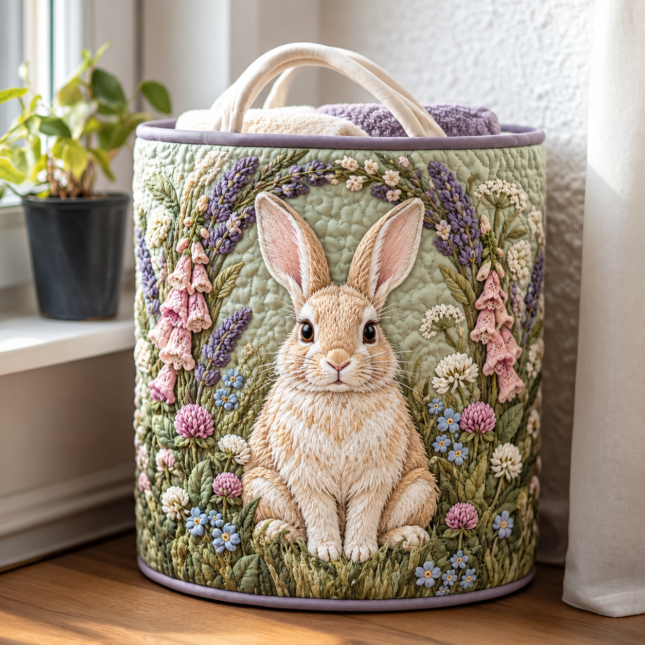 Spring Bunny Wildflower Quilted Laundry Basket