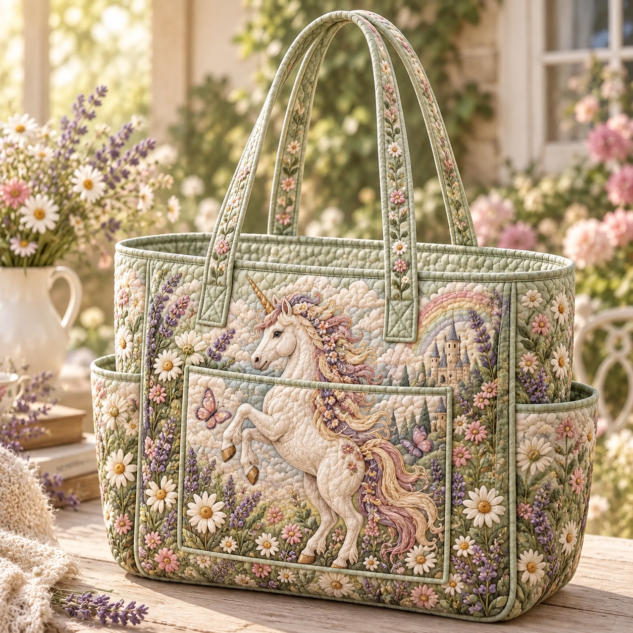 Pastel Garden Unicorn Multiple Pockets Quilted Tote Bag