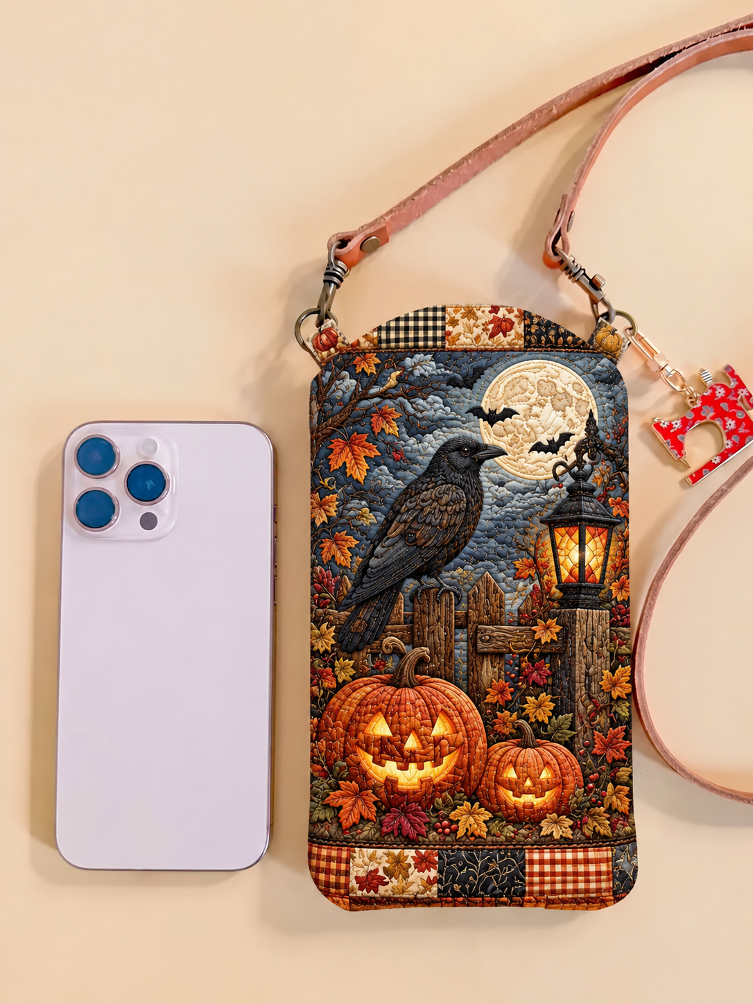 Moonlit Raven Pumpkin Quilted Slim Phone Crossbody Bag