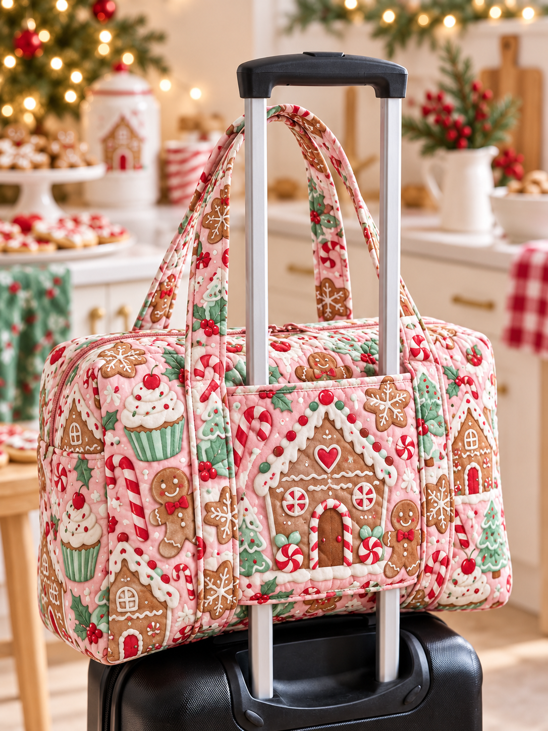 Pink Gingerbread Candy House Quilted Weekender Bag With Trolley Sleeve
