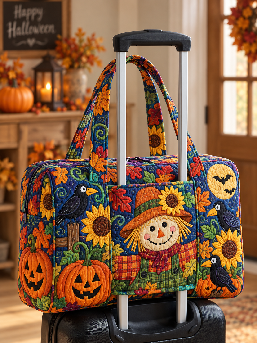 Scarecrow Sunflower Harvest Quilted Weekender Bag With Trolley Sleeve