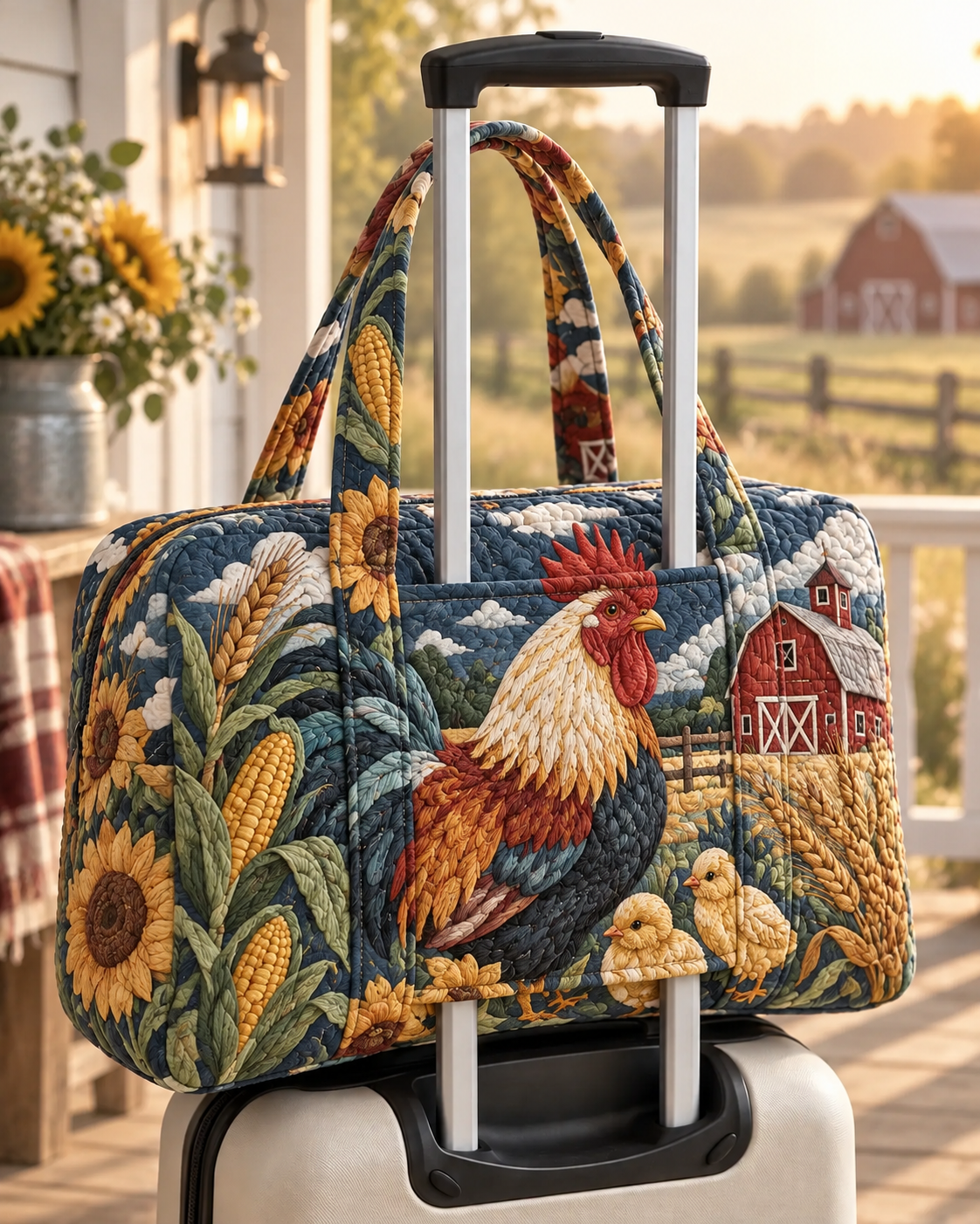 Rooster Sunflower Quilted Weekender Bag With Trolley Sleeve
