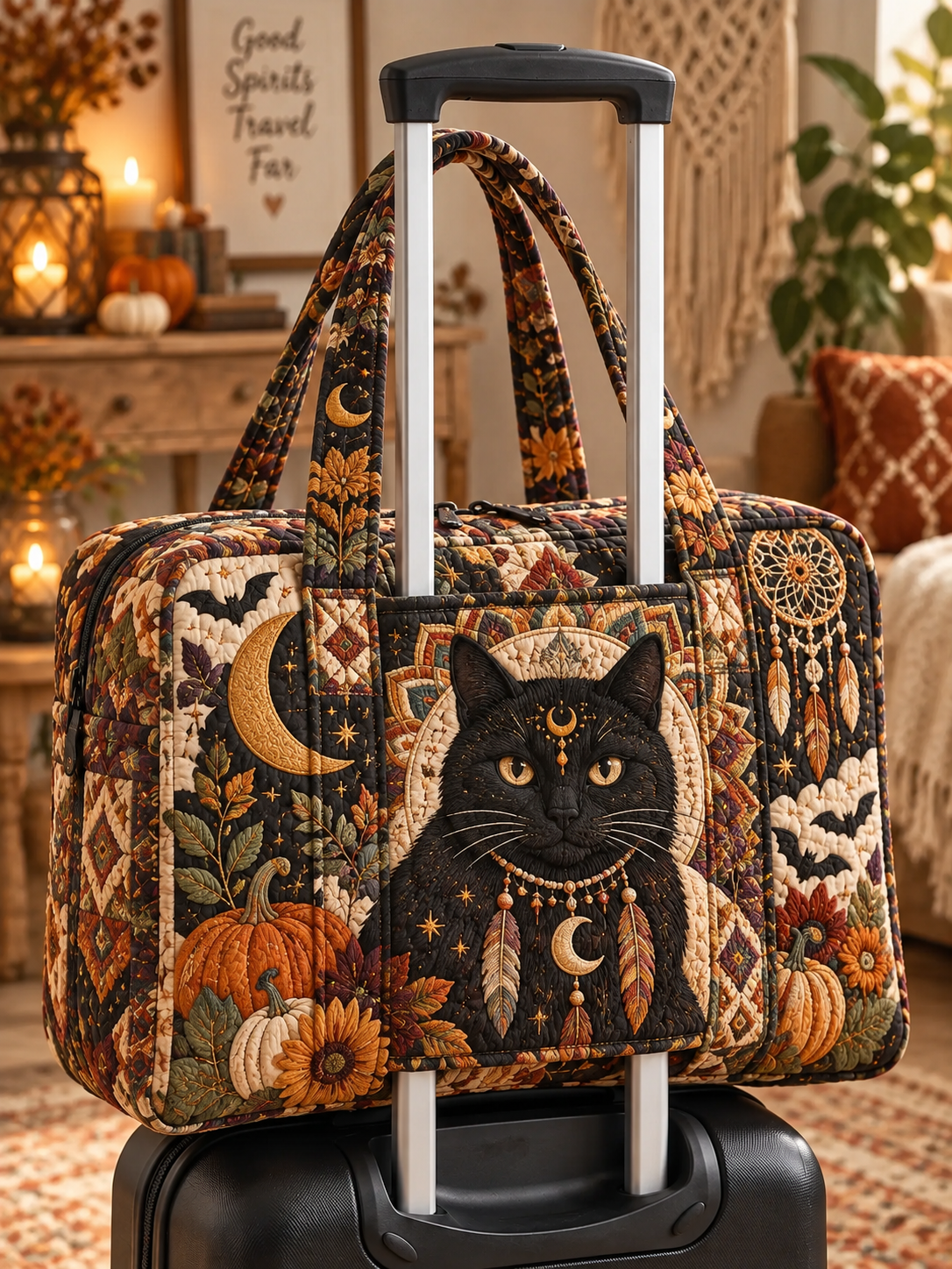 Black Cat Moonlit Ghosts Quilted Weekender Bag With Trolley Sleeve