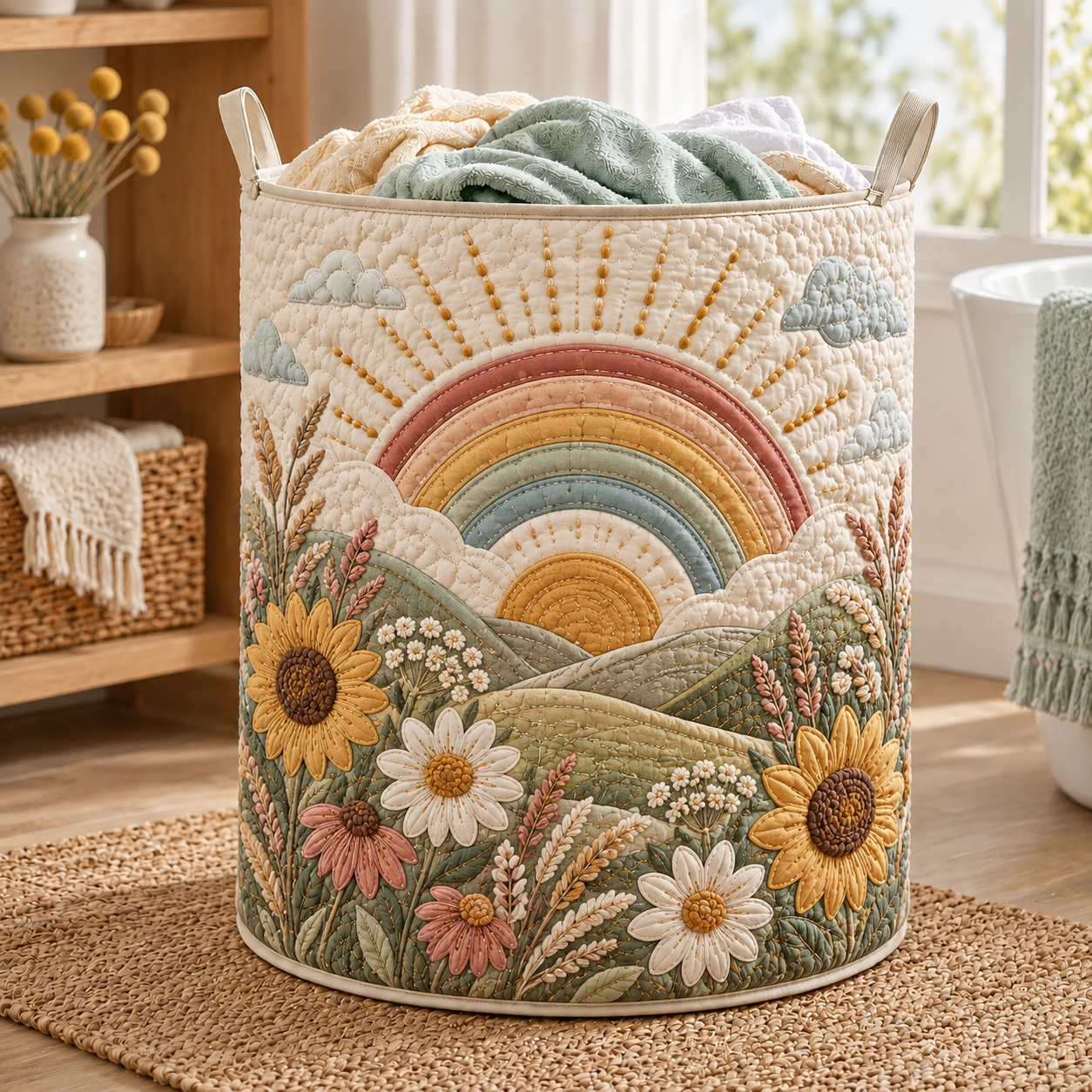 Pastel Rainbow Sunflower Quilted Laundry Basket