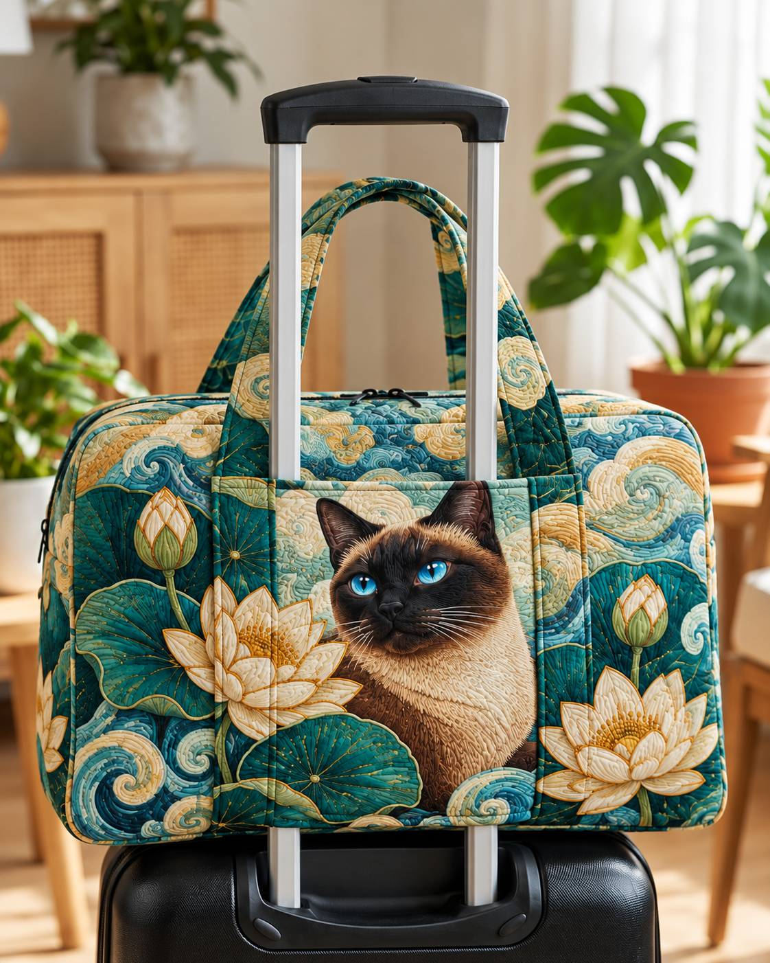 Siamese Cat Lotus Garden Quilted Weekender Bag With Trolley Sleeve