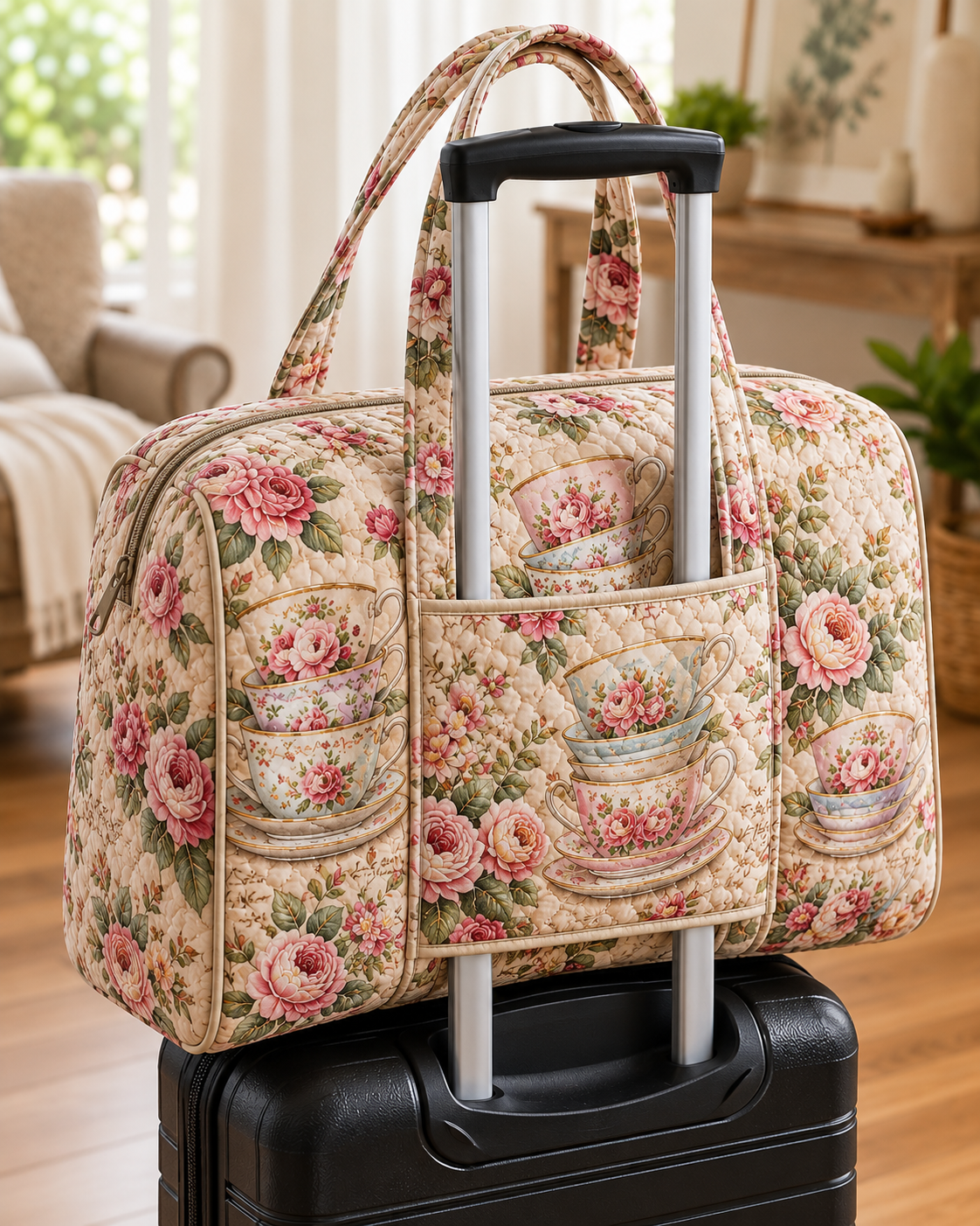 Vintage Rose Teacup Quilted Weekender Bag With Trolley Sleeve