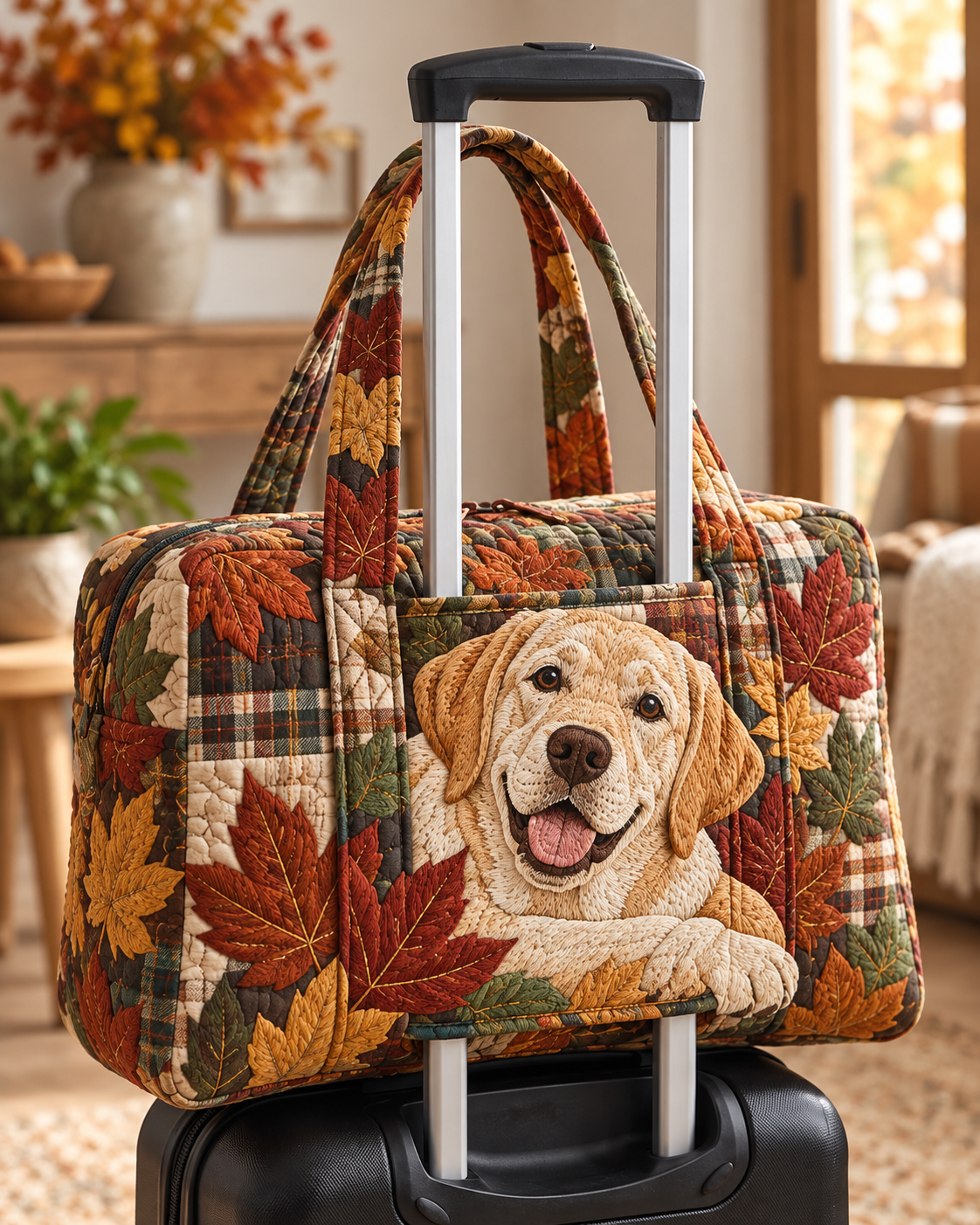 Autumn Golden Retriever Quilted Weekender Bag With Trolley Sleeve