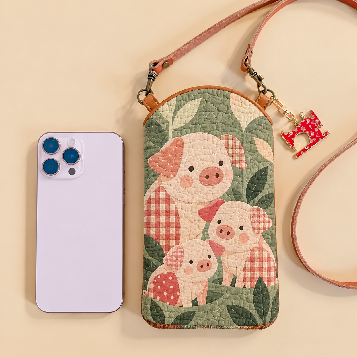 Gingham Patchwork Piglet Family Quilted Slim Phone Crossbody Bag