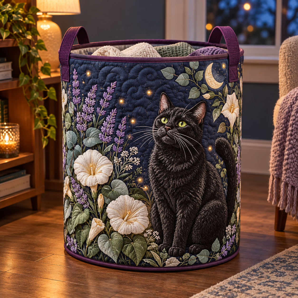 Moonlit Black Cat Floral Quilted Laundry Basket