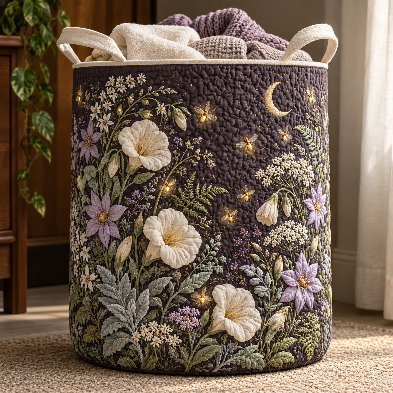 Moonlit White Flower Garden Quilted Laundry Basket