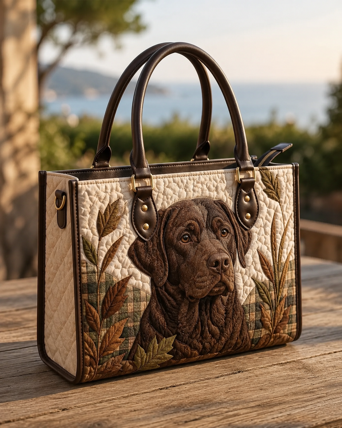 Chocolate Labrador Portrait Quilted Leather Strap Bible Handbag