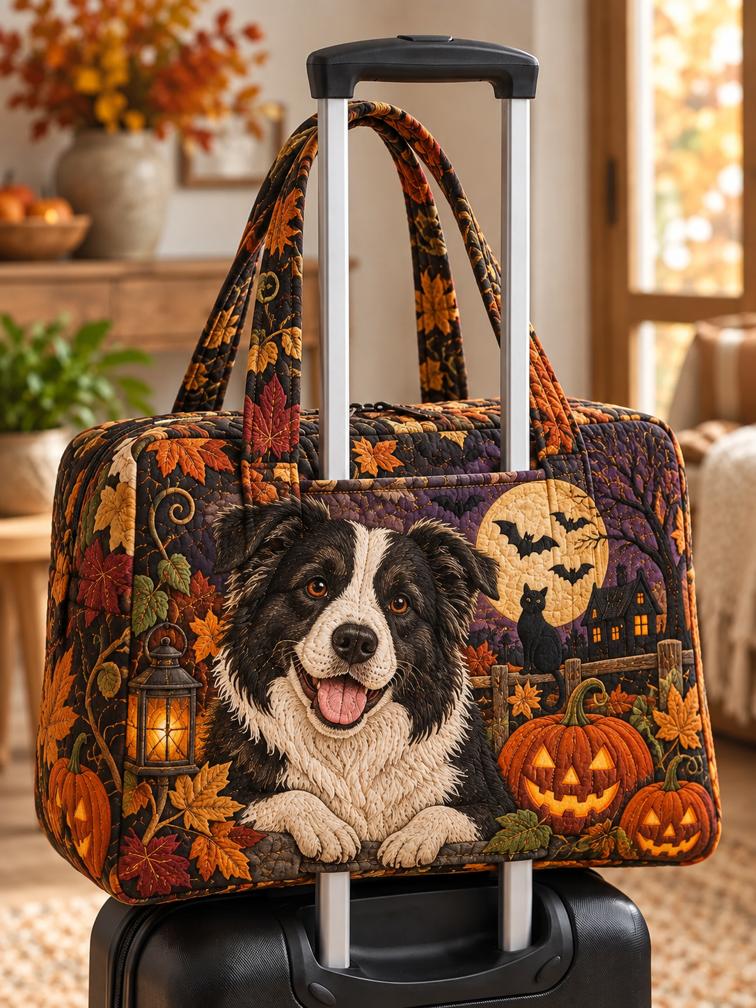Border Collie Moonlit Pumpkin Quilted Weekender Bag With Trolley Sleeve