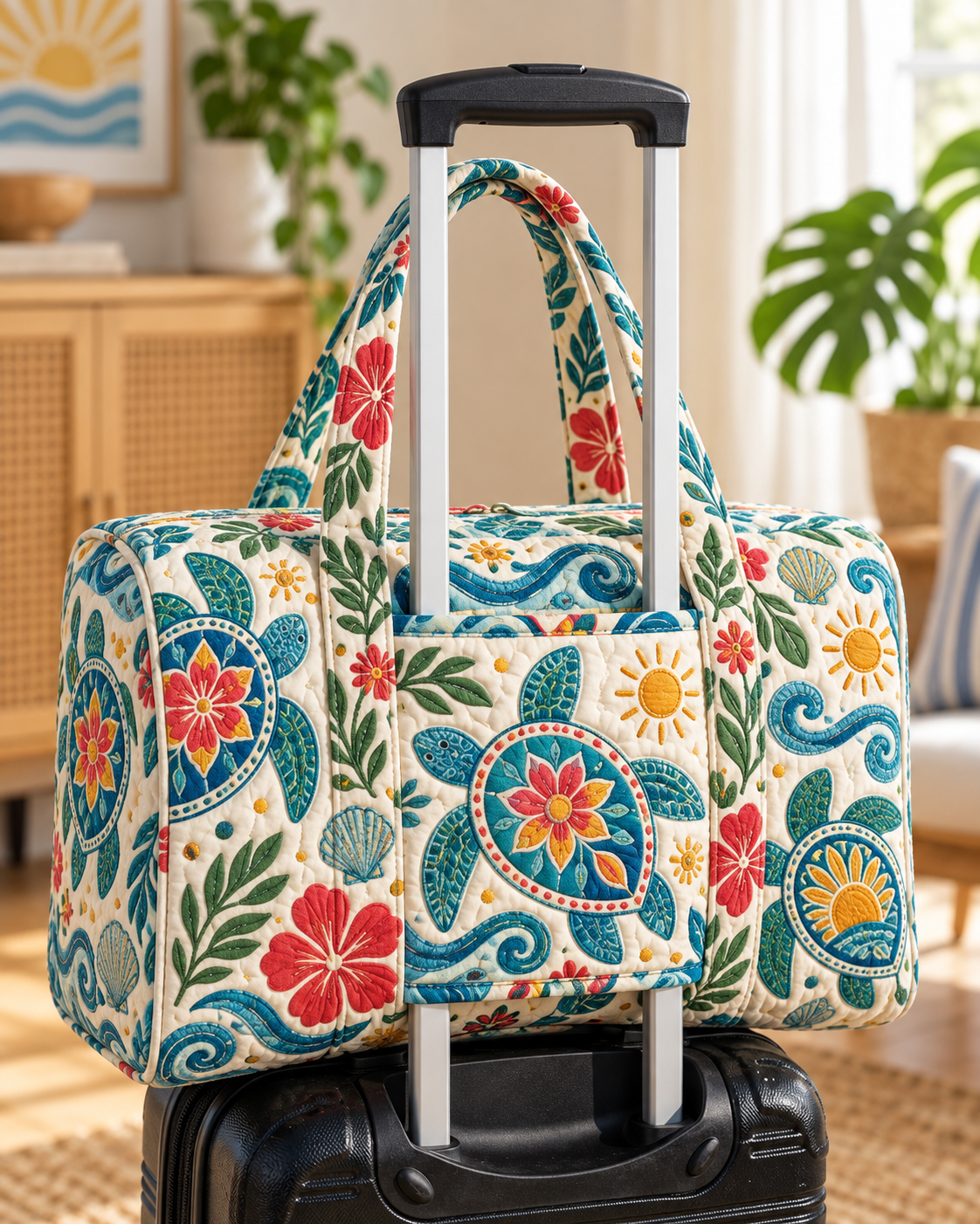 Floral Ocean Folk Art Quilted Weekender Bag With Trolley Sleeve