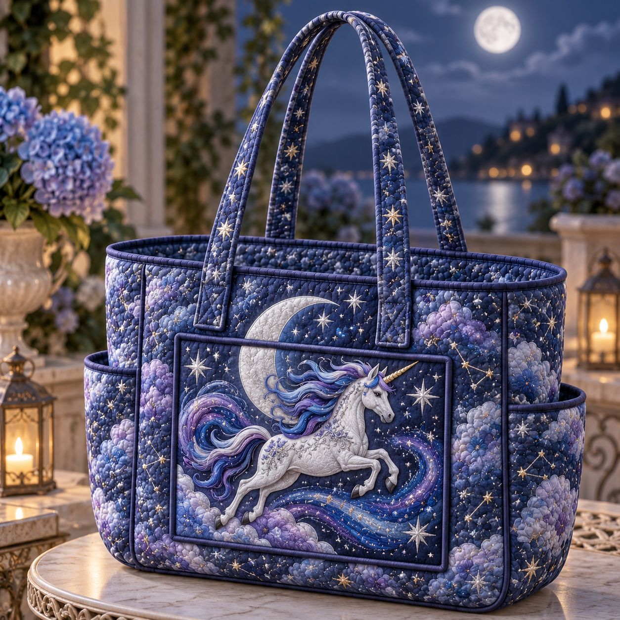 Moonlit Galaxy Unicorn Multiple Pockets Quilted Tote Bag