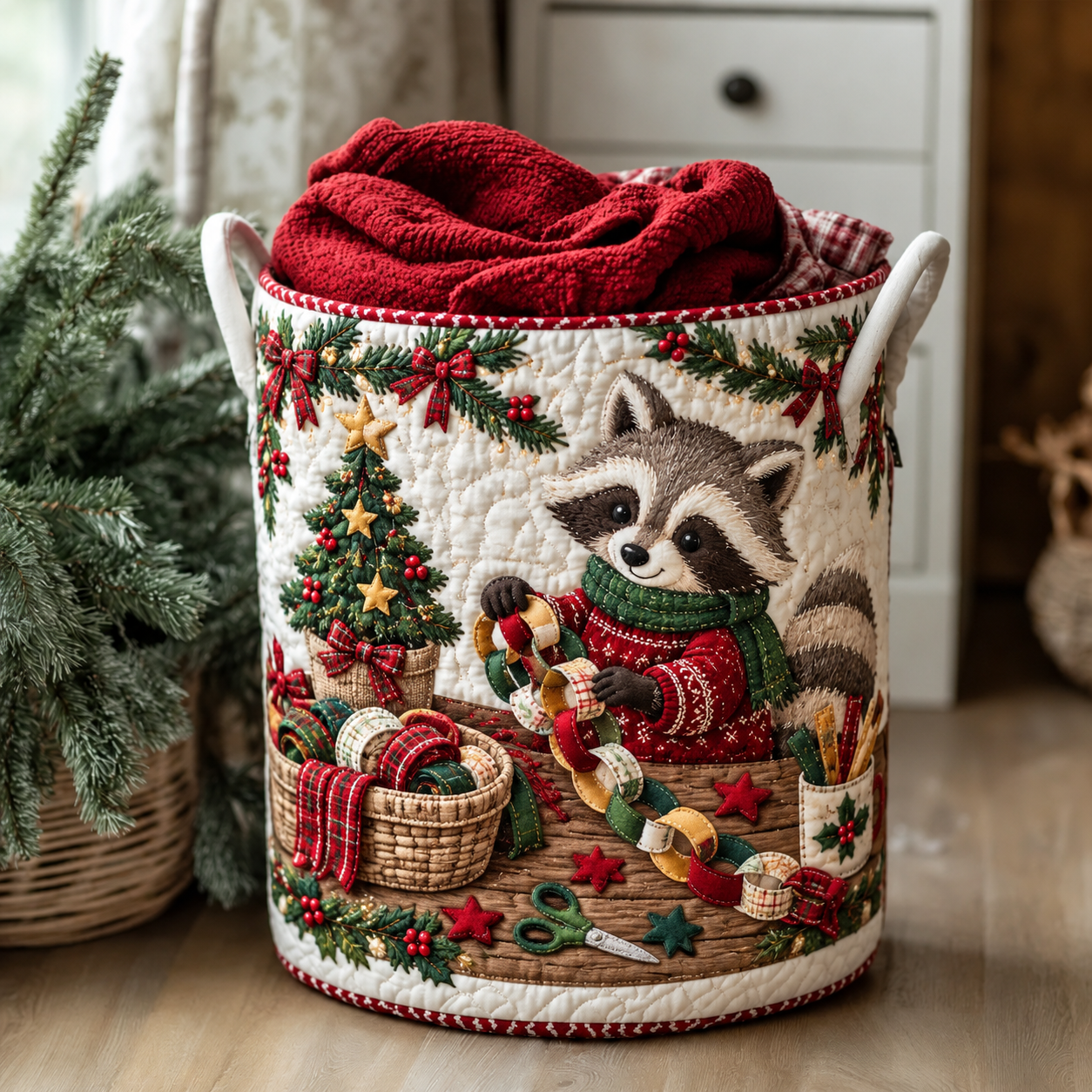 Raccoon Christmas Crafting Quilted Laundry Basket