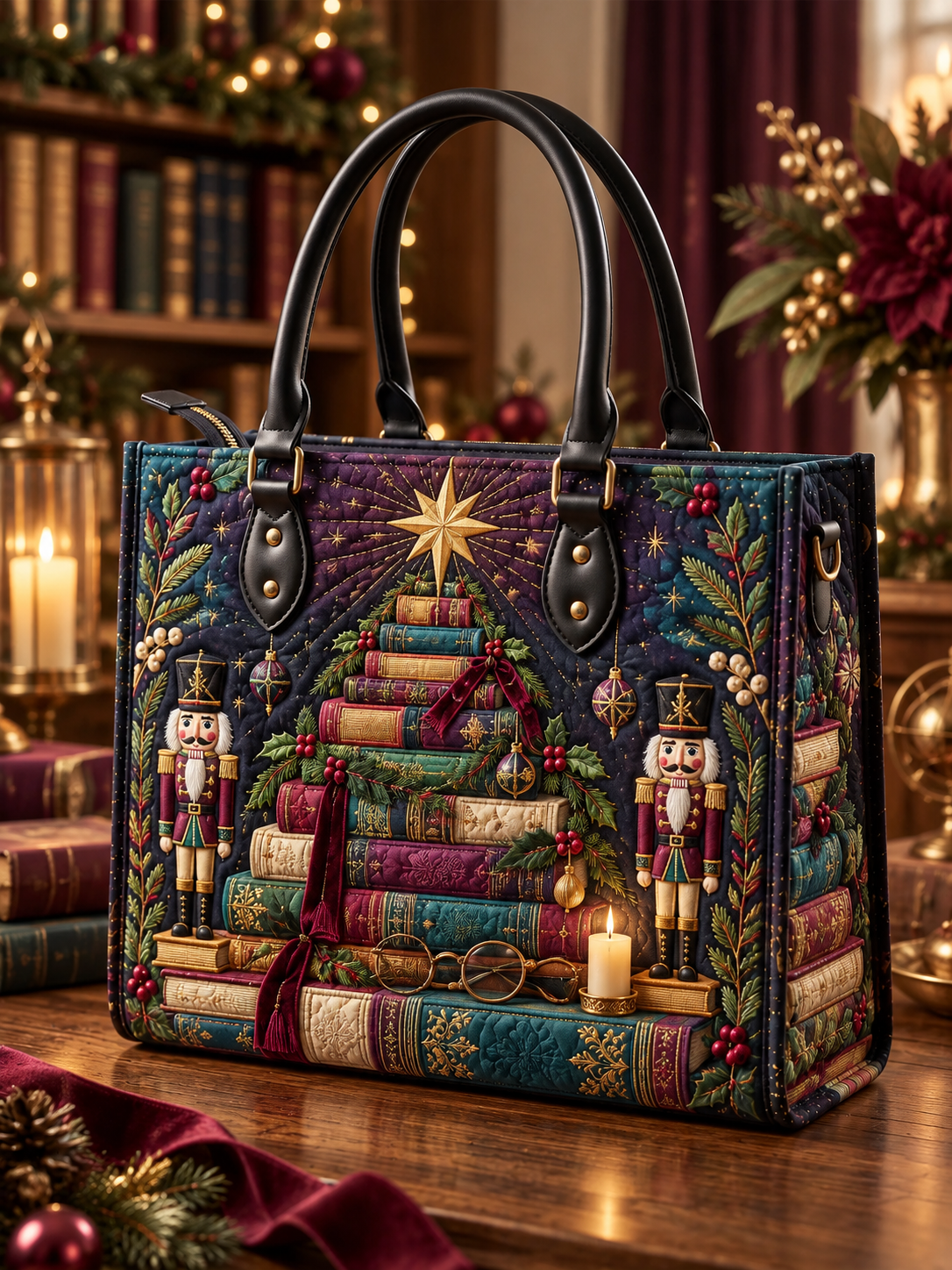 Christmas Books & Candlelight Quilted Leather Strap Bible Handbag