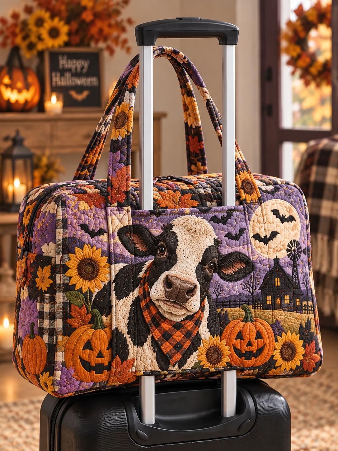 Highland Cow Halloween Patchwork Quilted Weekender Bag With Trolley Sleeve